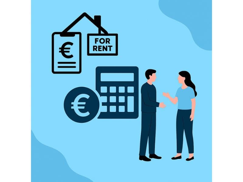 grafica mostra due persone con sfondo calcolatrice e simbolo euro e casa, per definire il concetto di di comprare casa per affiutarla