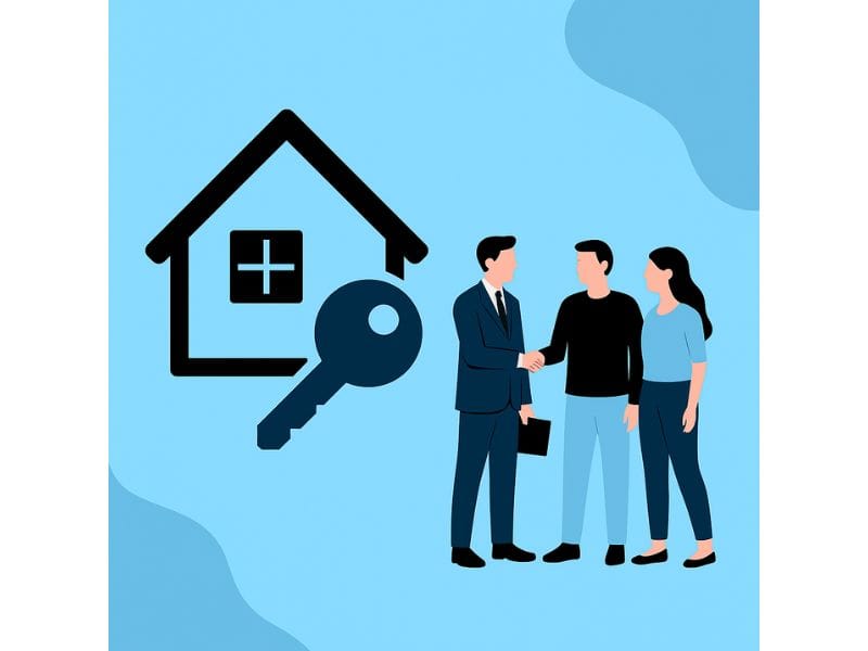 grafica con tre persone, chiave di casa e casa a mostrare il concetto dell'investimento immobiliare